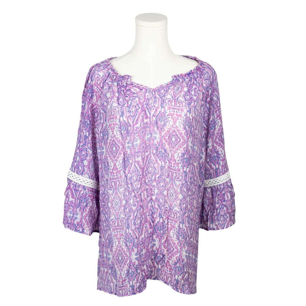 New Directions XL Women's Blouse 3/4 Sleeve Boho Lace Purple